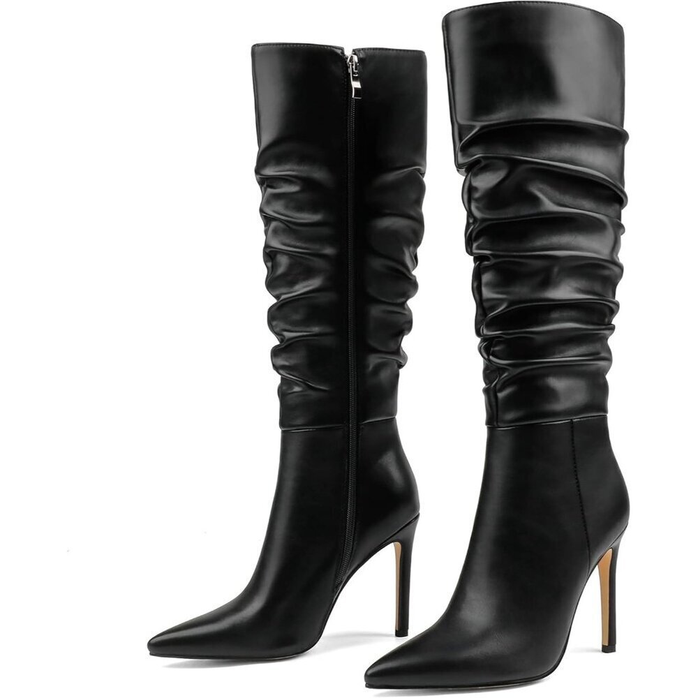 Women's Black Slouchy Stiletto Slouch Knee High Dress Boots Pointed Toe Buckle